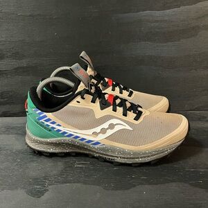 Saucony Perregrine 11 Athletic Trail Running Shoes in Beige, Blue, and Green